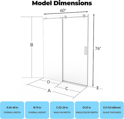 Frameless Sliding Shower Door 56–60 inch W x 76 inch H, Sliding Shower Door with Fixed Panel, Stainless Steel Round Rail, 8mm Tempered Glass with Coating, Single Sliding Shower Door, Brushed Finish