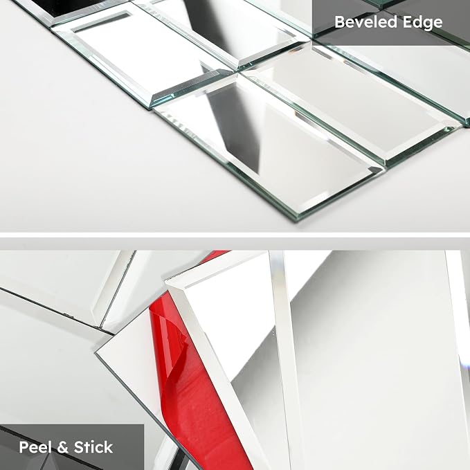 Peel and Stick Mirror Backsplash, Silver, 4x8 Inch, Beveled Mirror Subway Kitchen Bar Wall Tile (5.8 Sq.ft, 26 Pcs)