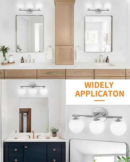 foucasal Chrome 3-Light Globe Bathroom Vanity Light Fixture Over Mirror | G9 Socket, Plastic Milk Globe Shades, 4.72" Base, 10W Max, Adjustable Up/Down Light, Mid Century Style for Bathroom Bedroom