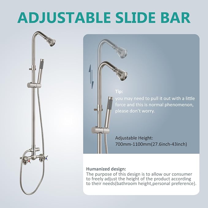 Aolemi Outdoor Shower Kit with Handheld,Round Rain Shower,Brushed Nickel | 2-Handle Hot and Cold Control, Adjustable Height, 6-Inch Center Valve, 59-Inch Hose, Winter Drainage Outdoor Shower Fixtures