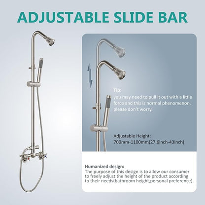 Aolemi Outdoor Shower Kit with Handheld,Round Rain Shower,Brushed Nickel | 2-Handle Hot and Cold Control, Adjustable Height, 6-Inch Center Valve, 59-Inch Hose, Winter Drainage Outdoor Shower Fixtures