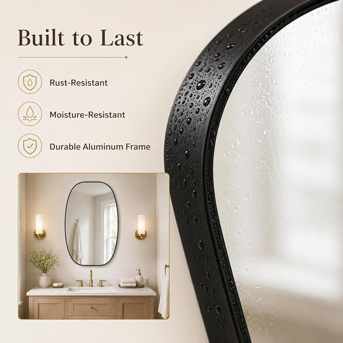 Black Oval Bathroom Mirrors 30x48 Inch | Oblong Vanity Mirror, Crystal-Clear HD Glass, Rust-Proof Aluminum Frame, Elegant Inner-Curved Edge, Modern Contemporary Style
