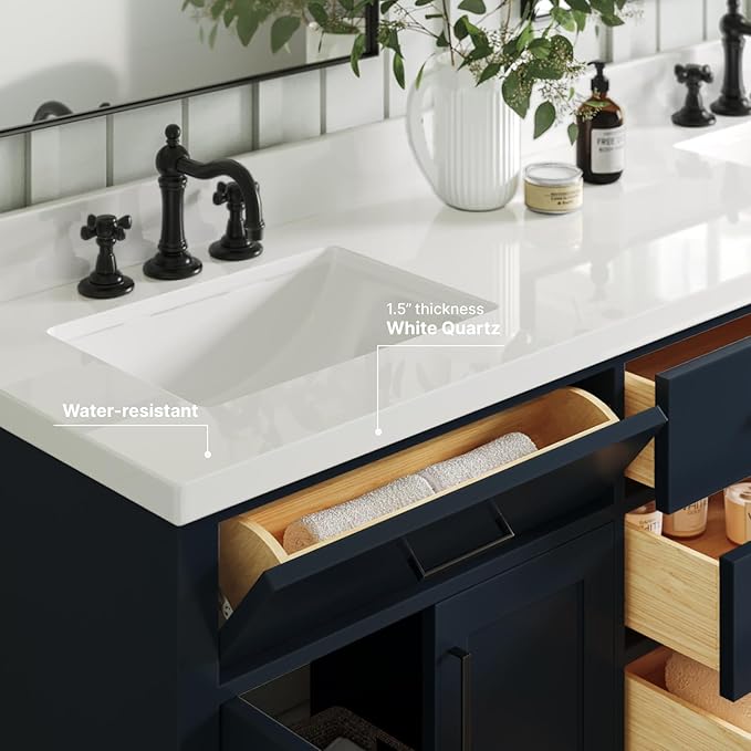 ARIEL Hepburn 72-inch Bathroom Vanity with Sink,Solid Wood, 1.5-inch Pure White Quartz Countertop, Double Rectangular Porcelain Sink, 4 Soft Closing Doors, 6 Dovetail Drawers, Midnight Blue