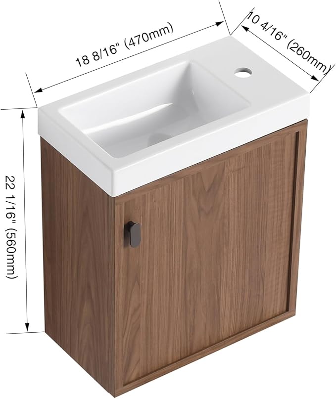 18.5" Bathroom Vanity with Resin Sink, Modern Wall-Mounted Floating Bathroom Vanity with Soft Closed Single Door for Home, Undermount Storage Cabinet, Easy to Clean, Natural Walnut
