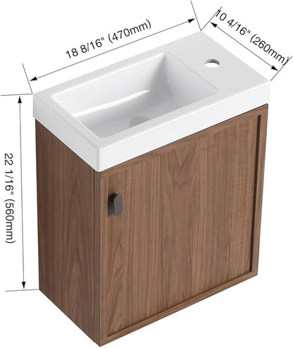 18.5" Bathroom Vanity with Resin Sink, Modern Wall-Mounted Floating Bathroom Vanity with Soft Closed Single Door for Home, Undermount Storage Cabinet, Easy to Clean, Natural Walnut