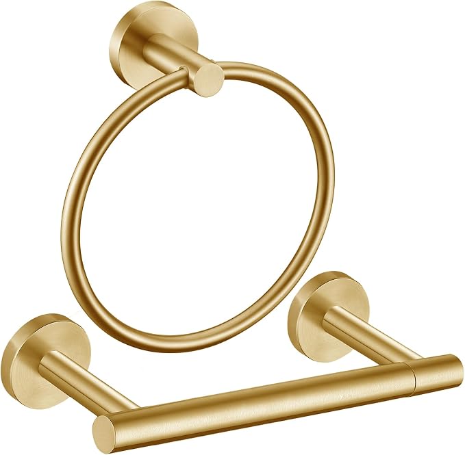 Brushed Gold Flip Toilet Paper Holder, Towel Ring Set 2 Pieces Hand Towel Holder for Bathroom Hardware Accessories Set SUS304 Stainless Steel Sturdy Wall Mount Bathroom Holder