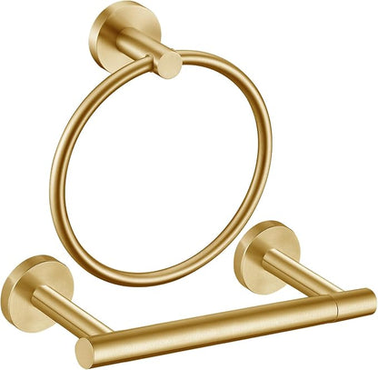Brushed Gold Flip Toilet Paper Holder, Towel Ring Set 2 Pieces Hand Towel Holder for Bathroom Hardware Accessories Set SUS304 Stainless Steel Sturdy Wall Mount Bathroom Holder