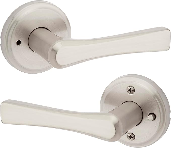 Kwikset Katella Interior Privacy Door Handle with Lock, Door Lever For Bathroom and Bedroom, Satin Nickel Reversible Keyless Push Button Lock Door Lever, with Microban Protection