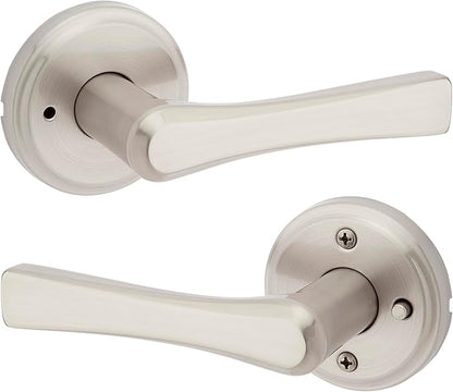 Kwikset Katella Interior Privacy Door Handle with Lock, Door Lever For Bathroom and Bedroom, Satin Nickel Reversible Keyless Push Button Lock Door Lever, with Microban Protection