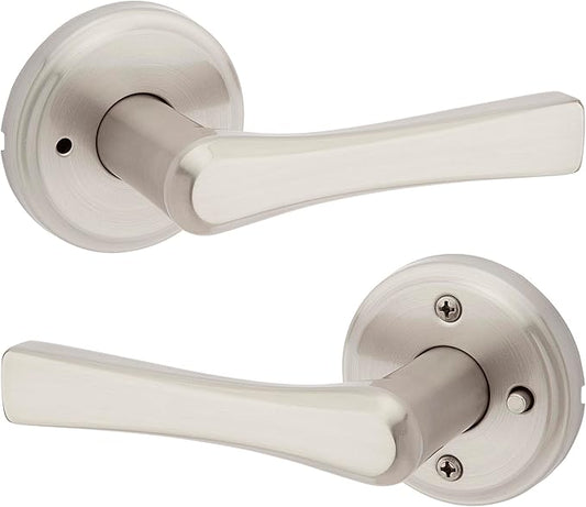 Kwikset Katella Interior Privacy Door Handle with Lock, Door Lever For Bathroom and Bedroom, Satin Nickel Reversible Keyless Push Button Lock Door Lever, with Microban Protection