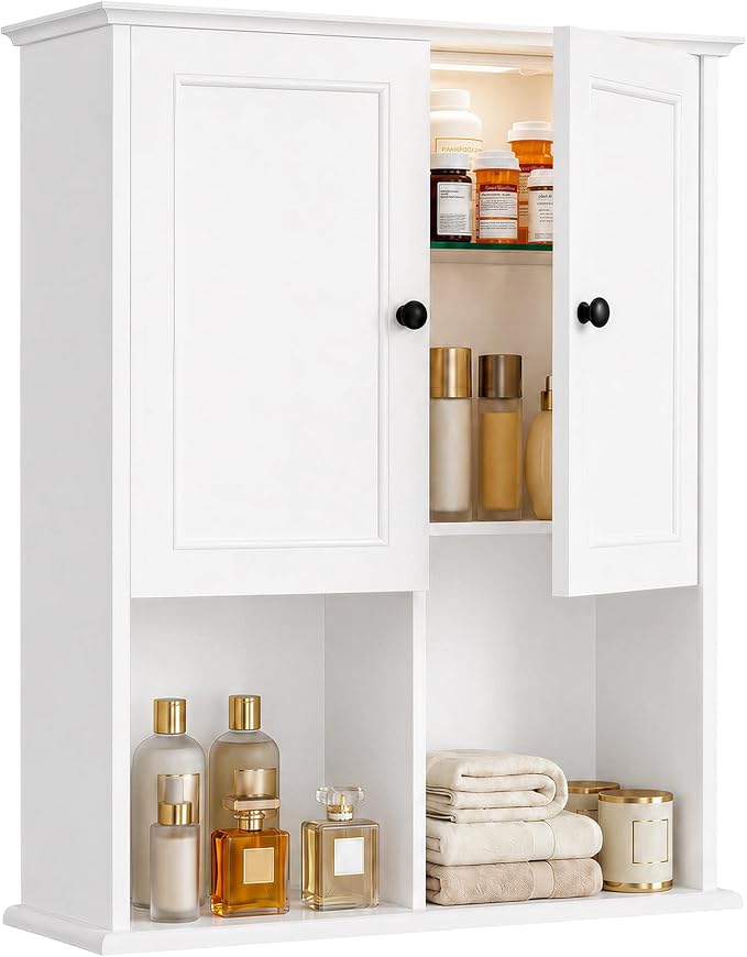 HAIOOU 23.6 inch Bathroom Wall Cabinet with Motion Sensor Light - White | Wall Mount Medicine Cabinet with Recessed Panel Doors, Adjustable Glass Shelf, Soft Close Hinges for Over the Toilet Storage