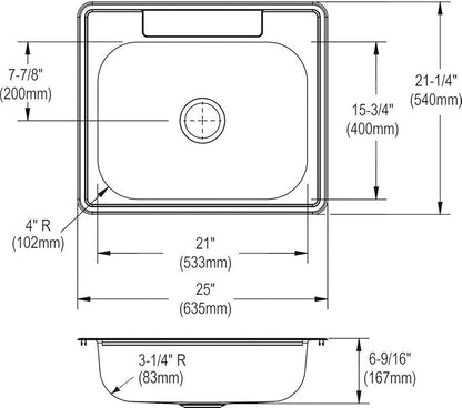 Dayton D125211 Single Bowl Top Mount Stainless Steel Sink, 25 x 21