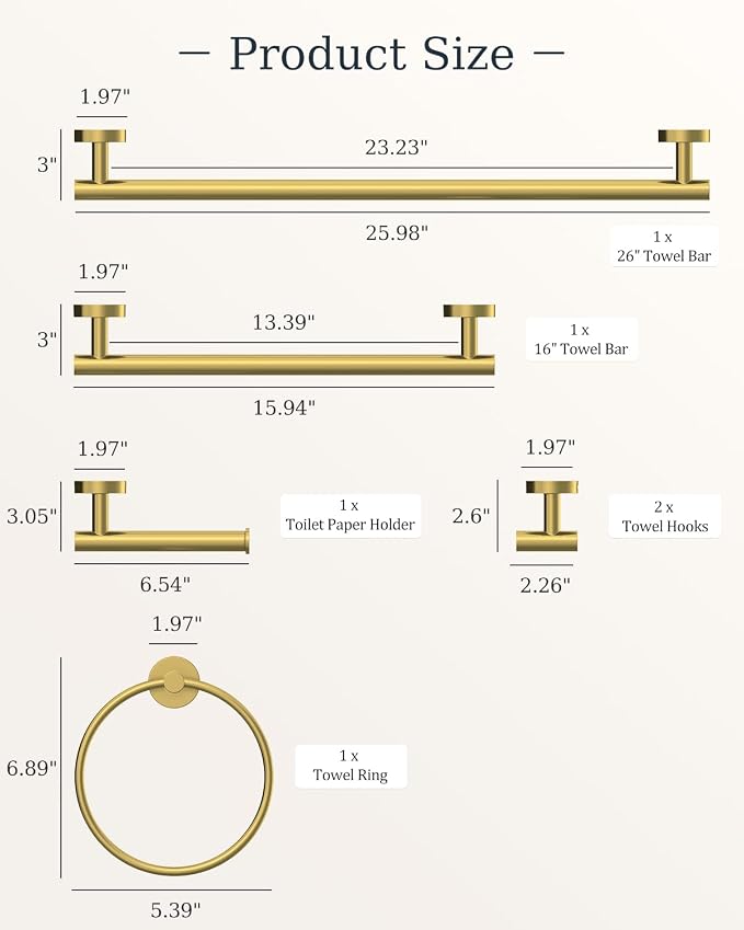 Brushed Gold Bathroom Accessories Set SUS304 Stainless Steel 6 Pieces | Evolvegoods Bathroom Hardware Set, 16&26 Inch Bath Towel Bar Set, 2 Towel Hooks, Toilet Paper Holder, Towel Racks