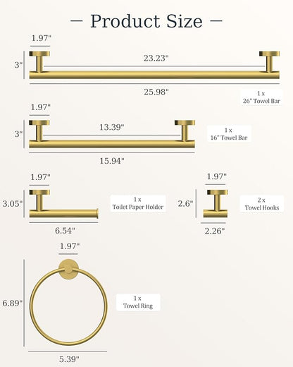Brushed Gold Bathroom Accessories Set SUS304 Stainless Steel 6 Pieces | Evolvegoods Bathroom Hardware Set, 16&26 Inch Bath Towel Bar Set, 2 Towel Hooks, Toilet Paper Holder, Towel Racks