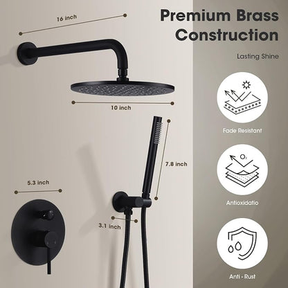 TRUSTMI 10" Pressure Balance Rain Shower System with Handheld, Matte Black | Rain shower faucet with cUPC valve and handheld spray. Prevents scalding, ideal for safe modern bathroom upgrades