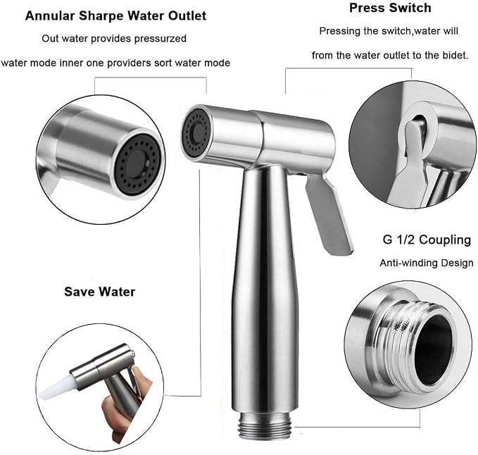 Handheld Bidet Sprayer Toilet Kit - Water Tank Hook and 59in ABS Flexible Telescopic Shower Hose