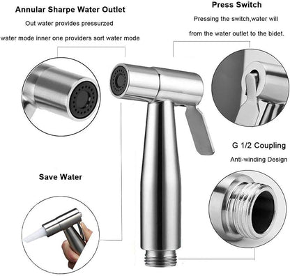 Handheld Bidet Sprayer Toilet Kit - Water Tank Hook and 59in ABS Flexible Telescopic Shower Hose