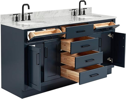 ARIEL Hepburn 66-inch Bathroom Vanity with Sink,Solid Wood, 0.75-inch Italian Carrara Marble Countertop, Double Oval Porcelain Sink, 4 Soft Closing Doors, 6 Dovetail Drawers, Midnight Blue