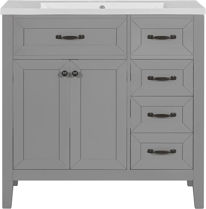 36 Inch Bathroom Vanities with Undermount Ceramic Sink, Storage Cabinet with Soft Closing Doors and Three Drawers, Solid Wood Frame, Gray