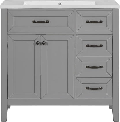36 Inch Bathroom Vanities with Undermount Ceramic Sink, Storage Cabinet with Soft Closing Doors and Three Drawers, Solid Wood Frame, Gray