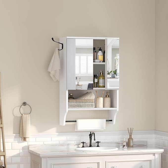 Bathroom Wall Cabinet with Mirror, Medicine Cabinet with 2 Door and Adjustable Shelf, Wall Mounted Over The Toilet Storage Cabinet with Towel Bar for Bathroom Laundry Room Kitchen, White