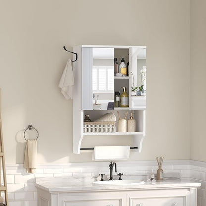 Bathroom Wall Cabinet with Mirror, Medicine Cabinet with 2 Door and Adjustable Shelf, Wall Mounted Over The Toilet Storage Cabinet with Towel Bar for Bathroom Laundry Room Kitchen, White