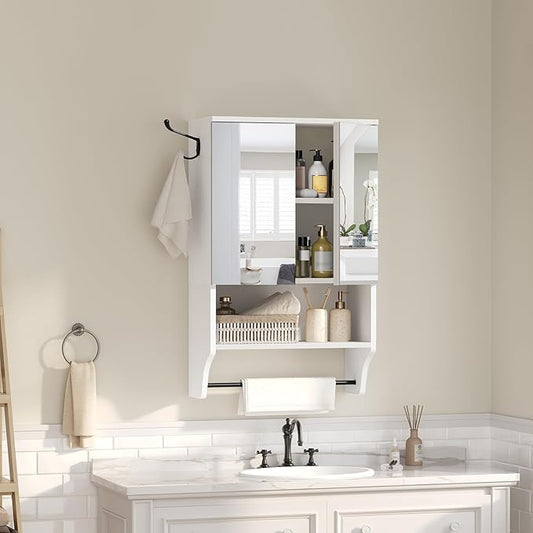 Bathroom Wall Cabinet with Mirror, Medicine Cabinet with 2 Door and Adjustable Shelf, Wall Mounted Over The Toilet Storage Cabinet with Towel Bar for Bathroom Laundry Room Kitchen, White
