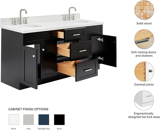 ARIEL Hamlet 72-inch Bathroom Vanity with Sink,Solid Wood, 1.5-inch Pure White Quartz Countertop & Backsplash, Double Oval Porcelain Sink, 4 Soft Closing Doors, 3 Dovetail Drawers, Black
