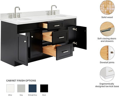 ARIEL Hamlet 72-inch Bathroom Vanity with Sink,Solid Wood, 1.5-inch Pure White Quartz Countertop & Backsplash, Double Oval Porcelain Sink, 4 Soft Closing Doors, 3 Dovetail Drawers, Black