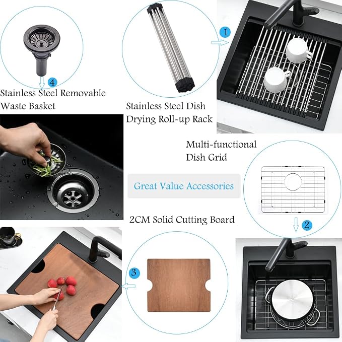 15x15 Black Drop In Bar Sink Workstation,Quartz Outdoor Rv Wet Bar | 15 Inch Single Bowl Small Drop In Kitchen Sinks with Cutting Board,Quartz Composite, Rust-Proof & Easy Clean