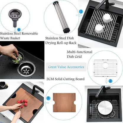 15x15 Black Drop In Bar Sink Workstation,Quartz Outdoor Rv Wet Bar | 15 Inch Single Bowl Small Drop In Kitchen Sinks with Cutting Board,Quartz Composite, Rust-Proof & Easy Clean