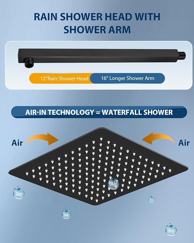 All Metal Matte Black Rainfall Shower Head with Extension Arm, 12" Large Rain Square Showerhead with 16" Long Shower Arm Stainless Steel, 144 Silicone Nozzles Waterfall Full Body Coverage