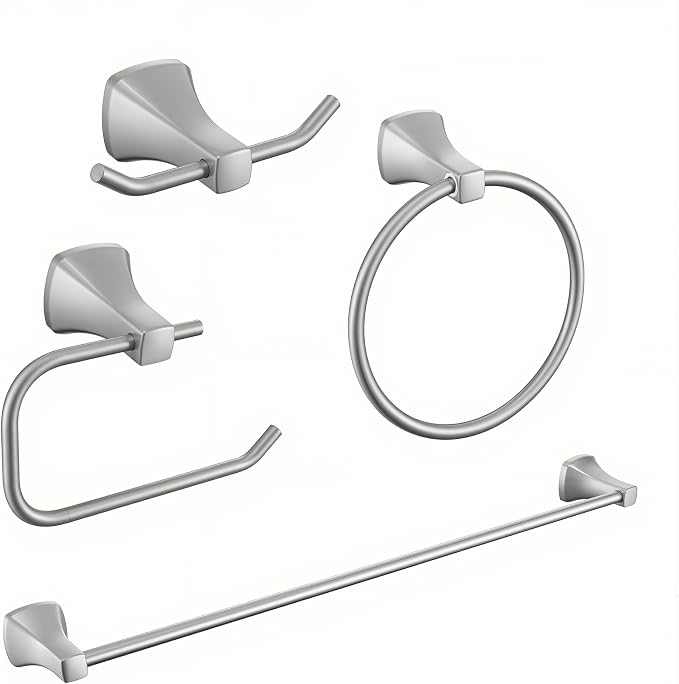 Brushed Brushed Nickel Bathroom Hardware Set 4 Piece Brushed Nickel Bathroom Accessories Set, 23.6 inch Bath Towel Bar Set | Towel Hook | Toilet Paper Holder | Hand Towel Holder