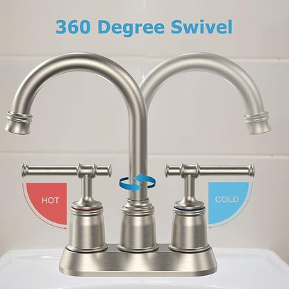 Classical Bathroom Faucets for Sink 2&3 Holes, 4 inch Bathroom Faucet, 360 Swivel Spout Centerset Brushed Nickel Bathroom Faucet with Pop Up Drain and cUPC Lead-Free Hose (Brushed Nickel)