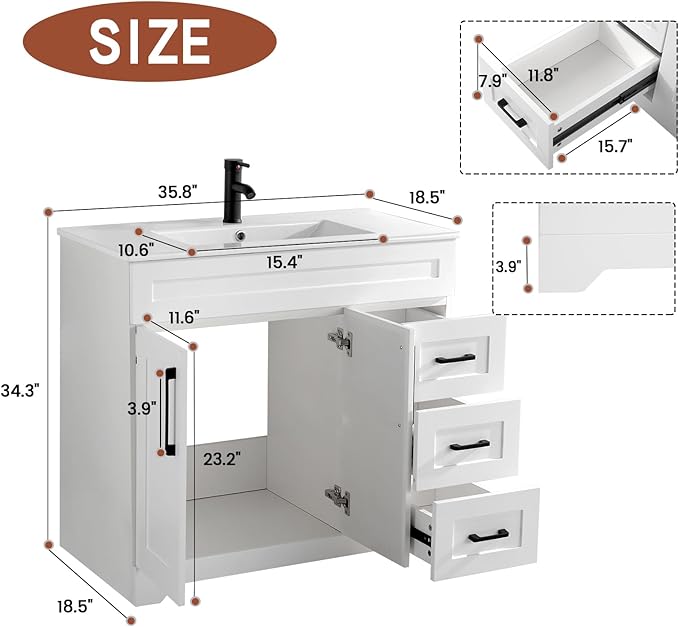 36" Bathroom Vanity with Sink,Plywood Construction Cabinet,2 Soft Closing Doors & 3 Full Extension Drawers Without Faucet Drain and Mirror, White Color