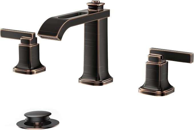 FORIOUS Bathroom Faucet 3 Hole Widespread Sink Faucets Oil Rubbed Bronze | 3-hole 4-12 Inch Widespread Sink, Square Waterfall Spout, with Drain and Hoses,for Vanity Rv Commercial Lavatory Restroom