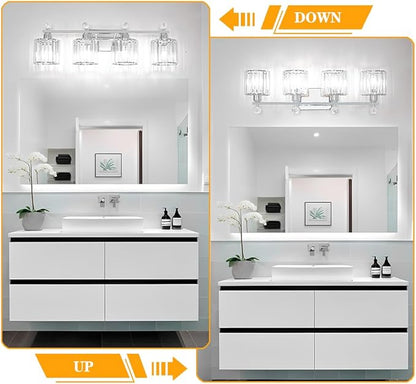 Modern Crystal Bathroom Vanity Light 4-Lights, Chrome Vanity Lights for Bath, Crystal Bathroom Wall Fixture Over Mirror, Wall Sconces Lighting with Clear Glass Shade for Bedroom, Living Room