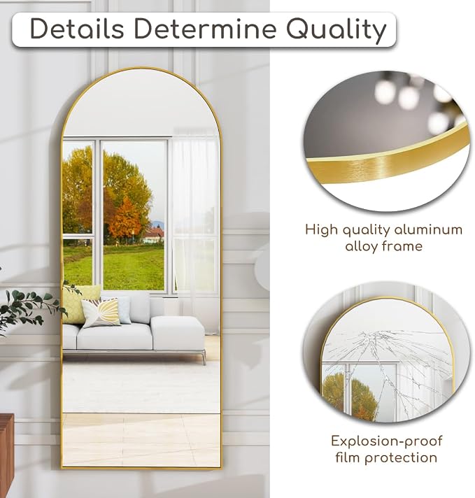 Dewfig Mirror Full Length, 64"X20" Arched Floor Mirror, Gold | Aluminum Alloy Frame Full Body Mirror, HD Shatterproof Tempered Glass, Lean/Stand/Wall for Living Room,Bedroom, Dressing Room
