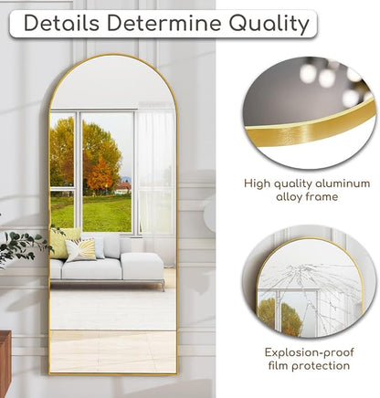 Dewfig Mirror Full Length, 64"X20" Arched Floor Mirror, Gold | Aluminum Alloy Frame Full Body Mirror, HD Shatterproof Tempered Glass, Lean/Stand/Wall for Living Room,Bedroom, Dressing Room