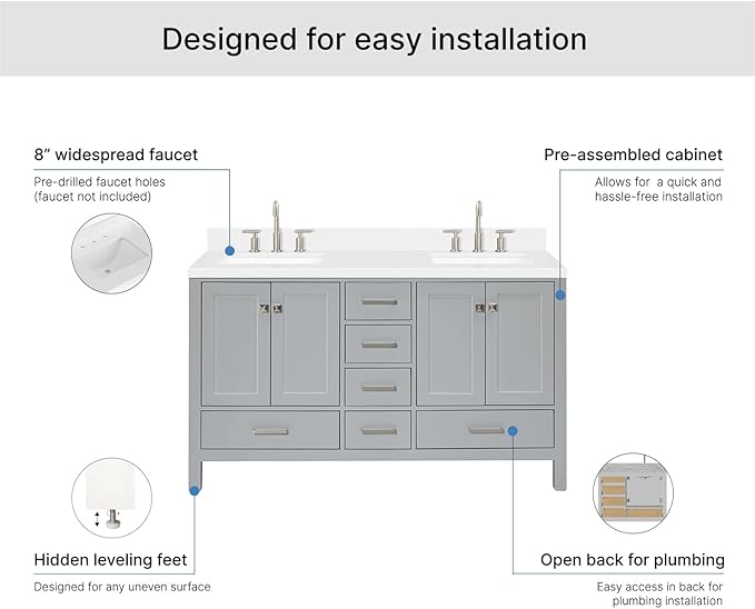 ARIEL Cambridge 60-inch Bathroom Vanity with Sink,Solid Wood, 1.5-inch Carrara White Quartz Countertop, Double Rectangular Porcelain Sink, 4 Soft Closing Doors, 6 Dovetail Drawers, Grey