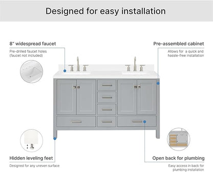 ARIEL Cambridge 60-inch Bathroom Vanity with Sink,Solid Wood, 1.5-inch Carrara White Quartz Countertop, Double Rectangular Porcelain Sink, 4 Soft Closing Doors, 6 Dovetail Drawers, Grey