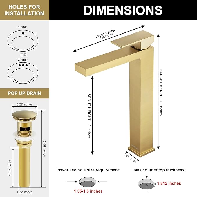 Lava Odoro Gold Vessel Sink Faucet, Brushed Gold Single Hole Bowl Sink Faucet Tall Bathroom Faucet Single Handle with Pop up Drain Assembly, BF307-T-SG