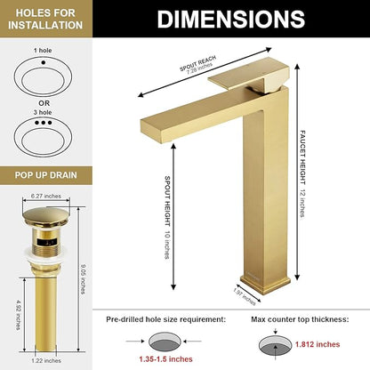 Lava Odoro Gold Vessel Sink Faucet, Brushed Gold Single Hole Bowl Sink Faucet Tall Bathroom Faucet Single Handle with Pop up Drain Assembly, BF307-T-SG