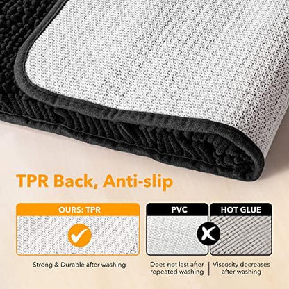 Yeaban Chenille Black Bathroom Rug 26"x44", Non-Slip Rubber Backing