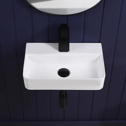 Wall Mount Bathroom Vessel Sink 17"x11" Rectangular Floating White Porcelain Ceramic Wall Hung Vanity Basin Sink for Home,RV,Bathroom