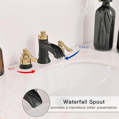 BWE Widespread Bathroom Faucet 3 Hole Black and Gold 8 Inch Two Handles Commercial Bathroom Sink Faucet with Brass Pop Up Drain Stopper and Supply Lines Bath Vanity Lavatory Mixer Tap
