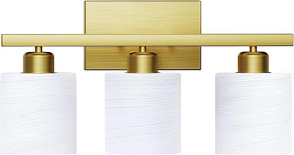 PARTPHONER Bathroom Light Fixtures, Bathroom Lighting Fixtures Over Mirror, Interior Classic Vanity Lights, Modern Vanity Light with Textured White Glass Shade, Brushed Gold, 3-Light
