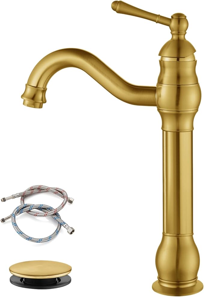 Gold faucet with supply line and washer on a white background