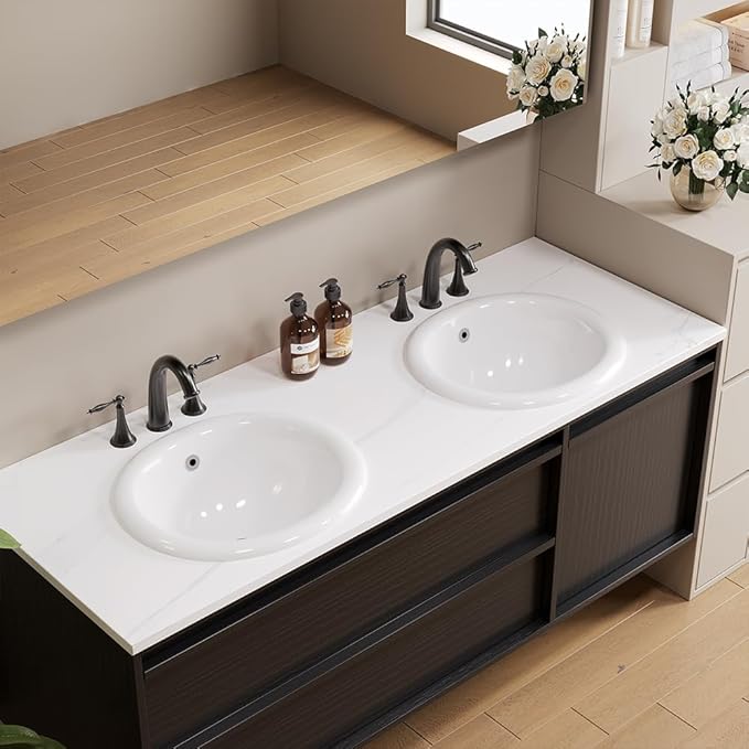 Bathroom Oval Vessel Sink 18" x 15" Semi Recessed Sink White Ceramic Sink with Overflow Modern Sinks Bowl Vanity Above Counter Basin