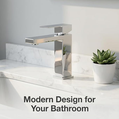 Chrome Bathroom Faucet, Single Hole Vanity Bath Faucet, Single Handle Modern Stainless Steel Bathroom Faucets for Sink 1 Hole with Pop Up Drain Stopper & Water Supply Hoses